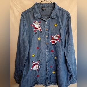 Lisa International Blue Denim Shirt with Christmas Santa Embroidery